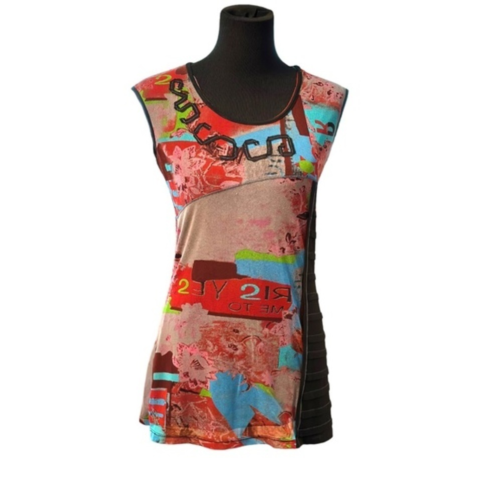 Alison Sheri Art Deco Multicolored Cap Sleeve Sheer Top Over Camisole size S/M